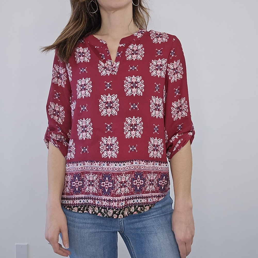 Pink Republic Floral Burgundy Women's Lightweight Blouse Size Small